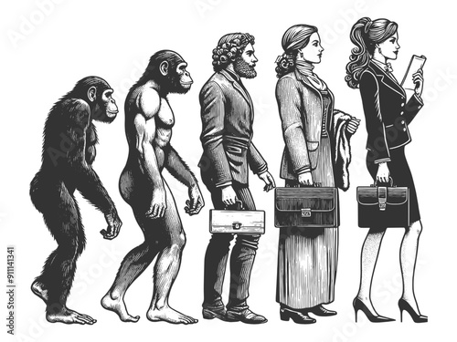 evolution of woman, transitioning from primate to modern professional sketch engraving generative ai fictional character vector illustration. Scratch board imitation. Black and white image