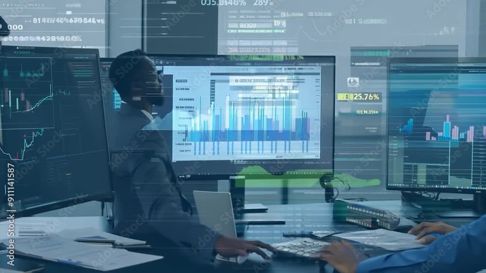 Two professionals focus on various digital charts and graphs displayed on multiple monitors in a contemporary office setting