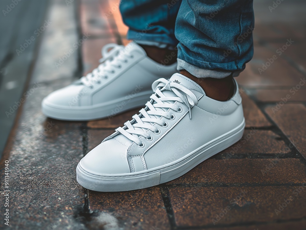 Mockup of blank white canvas sneakers worn by a man Mockup of blank white canvas sneakers worn by a man