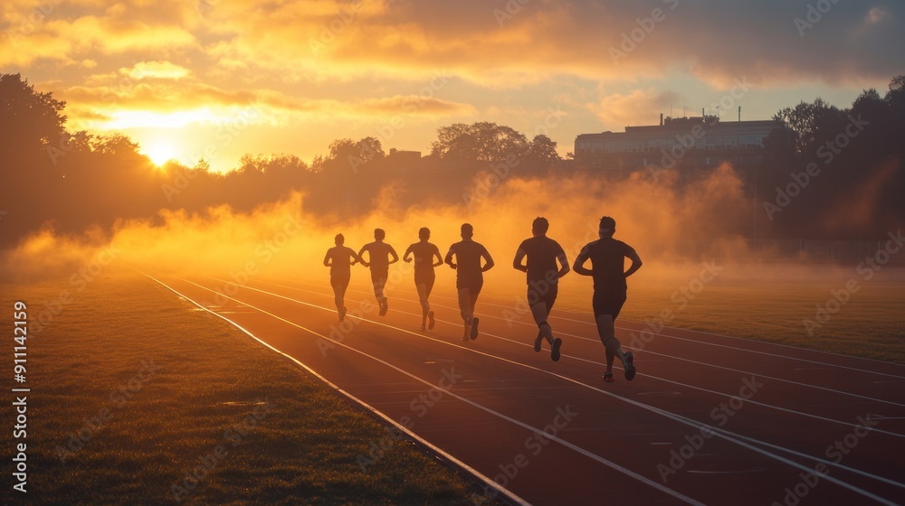 Fototapeta premium A group of friends are running on a treadmill in the early morning as the fog begins to lift and the sun begins to peek out of the clouds.