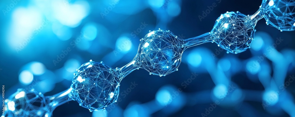 Digital illustration of a wireframe molecule network with futuristic blue light effects Digital illustration of a wireframe molecule network with futuristic blue light effects