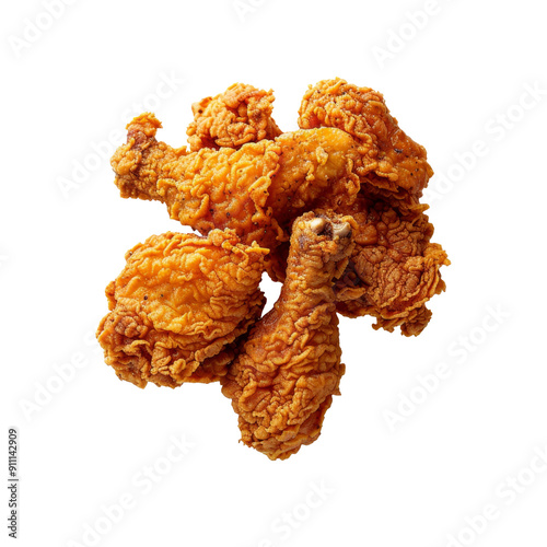 Crispy fried chicken drumsticks and thighs on white background.