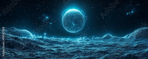 Wireframe illustration of a futuristic moon base with digital landscape and sci-fi elements at night