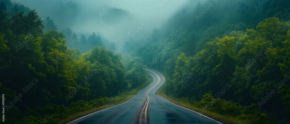 Asphalt Road Laid Among Mountain Forest Ridges. Illustration On The Theme Of Landscapes And Territories, Climate And Ecology.   Generative AI