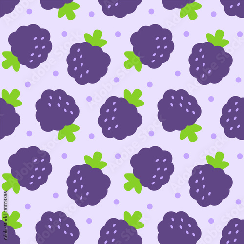 Blackberry seamless pattern simple illustration vector isolation on purple background. For baby food packaging, banner, wrapping, card.