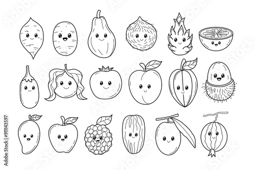 Set of cute fruit doodle set collection with chibi or kawaii style for fruit coloring page book kindergarten worksheet, fruit cartoon outline with face, rambutan, coconut, papaya, apple, mango