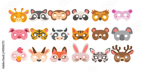 Set of animal mask set collection, Photo booth props of beasts face masks, wild and domestic animals head for party masquerade, Cartoon animal carnival party masks. Festival holiday or birthday.