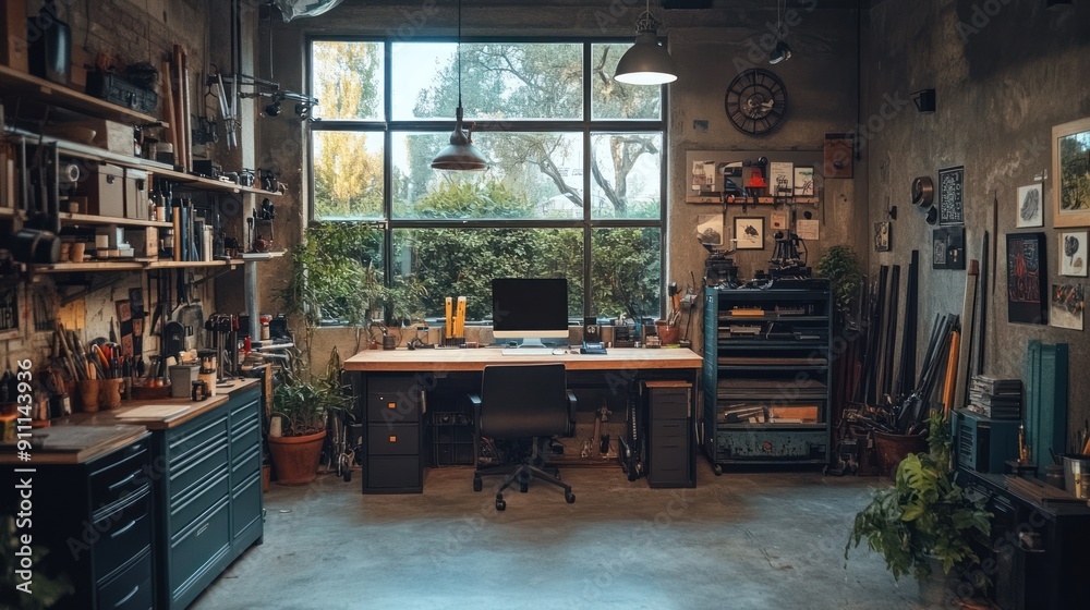 Converted garage with industrial decor, large workbench and tools. Converted garage with industrial decor, large workbench and tools.