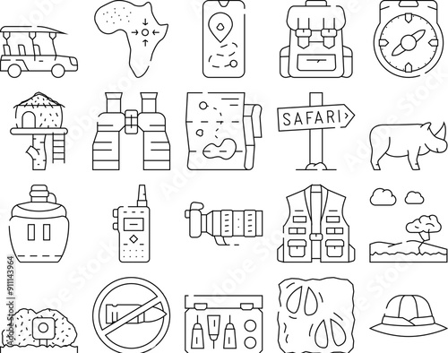 Safari African Hunting Vacation Icons Set Vector. Rhinoceros Animal Hunt In Safari And Hunter Equipment, Compass And Binoculars Tool, Walkie-talkie And Flask Drink Contour Illustrations