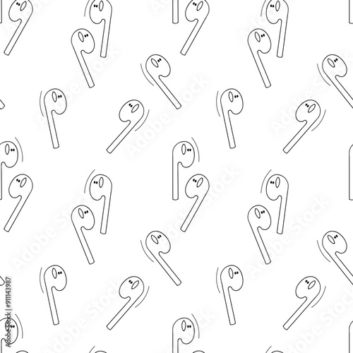 Seamless black and white pattern of wireless headphones. Music and audio technology. Airpods.   Hand drawn, doodle style. Bluetooth.