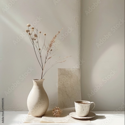 A minimalist boho vase with dry plants and coffee cup on the table, boho style of beige tones