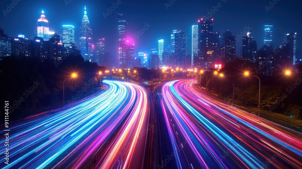 Long exposure shot of city lights at night, with trails of car headlights and vibrant colors creating a dynamic and energetic scene Long exposure shot of city lights at night, with trails of car headlights and vibrant colors creating a dynamic and energetic scene
