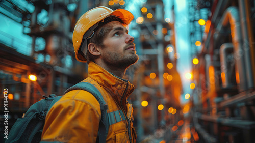 Portrait of a worker in yellow protective jacket and helmet on the background of a construction site, blur effect in the backgraund