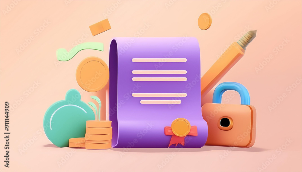 Colorful document with financial and security icons on a pink background, 3D illustration. Colorful document with financial and security icons on a pink background, 3D illustration.