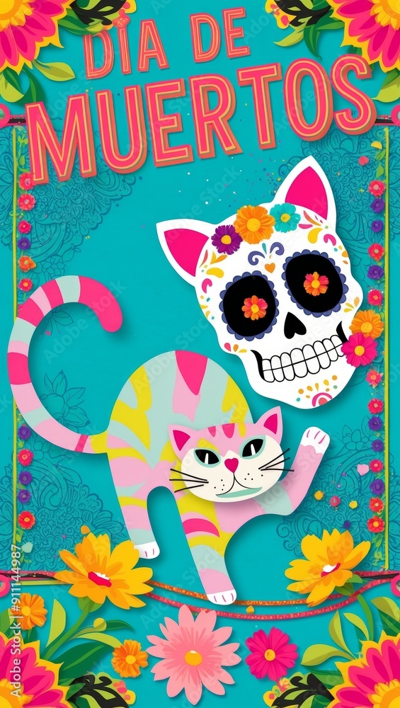 Obraz premium A decorated cat playfully poses beside a colorful sugar skull for Dia de Muertos
