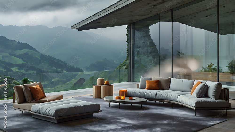 Modern, minimalist living room with a panoramic view of a lush, mountainous landscape. Modern, minimalist living room with a panoramic view of a lush, mountainous landscape.