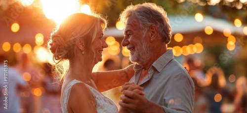 Happy senior couple dancing. Middleaged peope dancing at an outdoor party. Outdoor wedding party photo