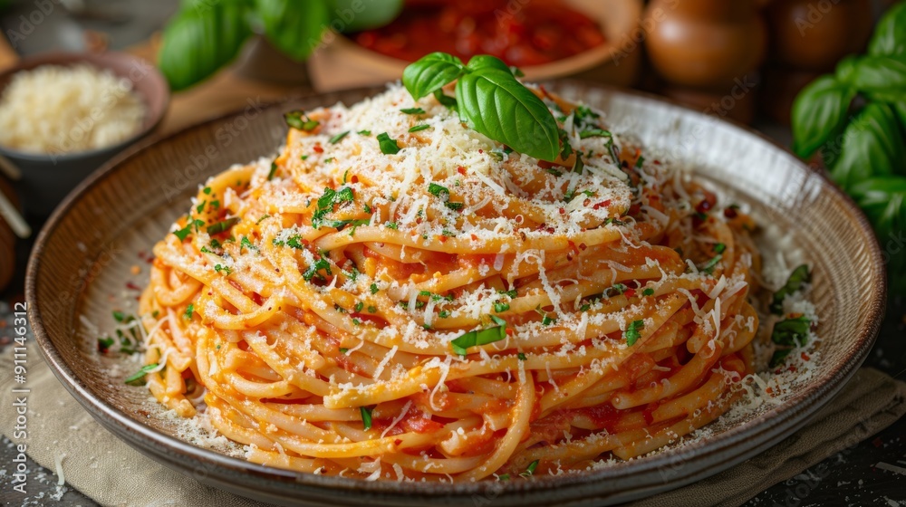 Delicious Plate of Spaghetti With Tomato Sauce and Fresh Basil on a Rustic Table Delicious Plate of Spaghetti With Tomato Sauce and Fresh Basil on a Rustic Table