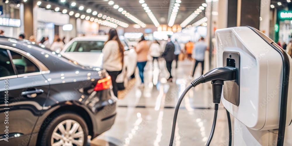 Obraz premium Electric Vehicle Charging Station at a Car Dealership. Close-up of an electric vehicle charging station with a blurred background of people browsing cars at a dealership.
