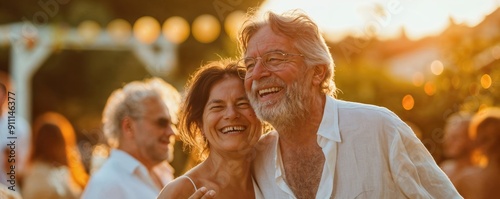 Happy senior couple dancing. Middleaged peope dancing at an outdoor party. Outdoor wedding party photo