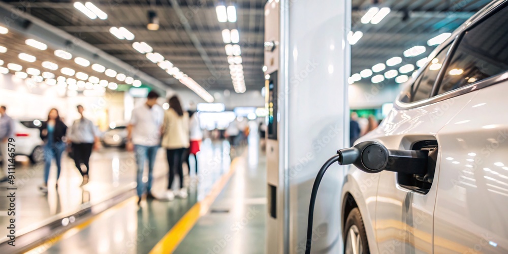 Electric Vehicle Charging Station at a Car Dealership. Close-up of an electric vehicle charging station with a blurred background of people browsing cars at a dealership. Electric Vehicle Charging Station at a Car Dealership. Close-up of an electric vehicle charging station with a blurred background of people browsing cars at a dealership.