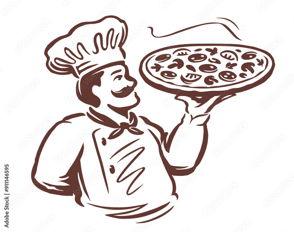 Chef male cook holding pizza. Emblem or logo design. Hand drawn vector illustration for restaurant or diner menu Chef male cook holding pizza. Emblem or logo design. Hand drawn vector illustration for restaurant or diner menu