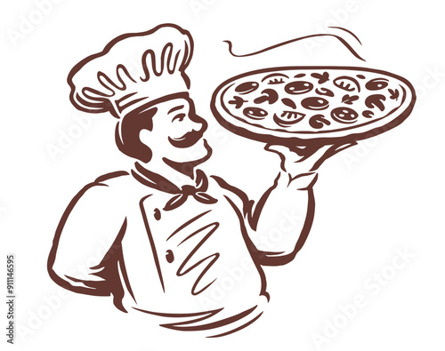Chef male cook holding pizza. Emblem or logo design. Hand drawn vector illustration for restaurant or diner menu