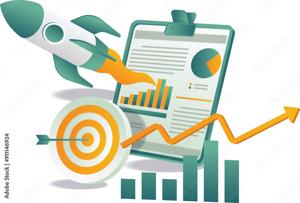 Obraz premium Image of a rocket with a target and a chart, representing strategic planning and achievement
