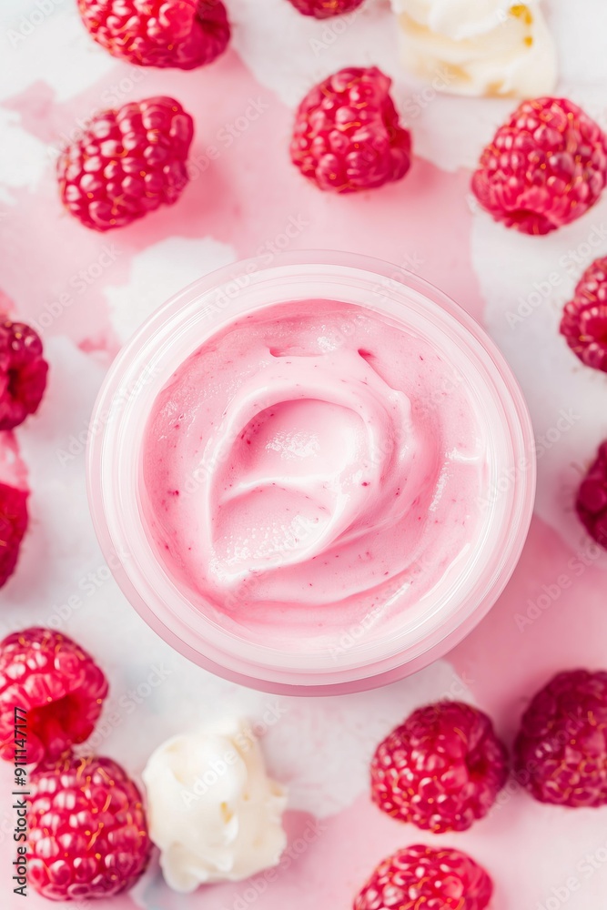 pink jar of skincare cream surrounded by fresh raspberries and cream swirls pink jar of skincare cream surrounded by fresh raspberries and cream swirls
