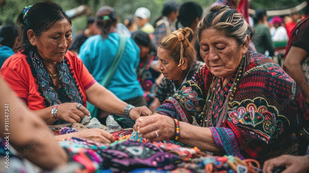 Fototapeta premium Two women work on woven textiles.