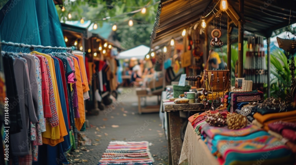 Naklejka premium Colorful market stall with hanging clothes and woven goods.