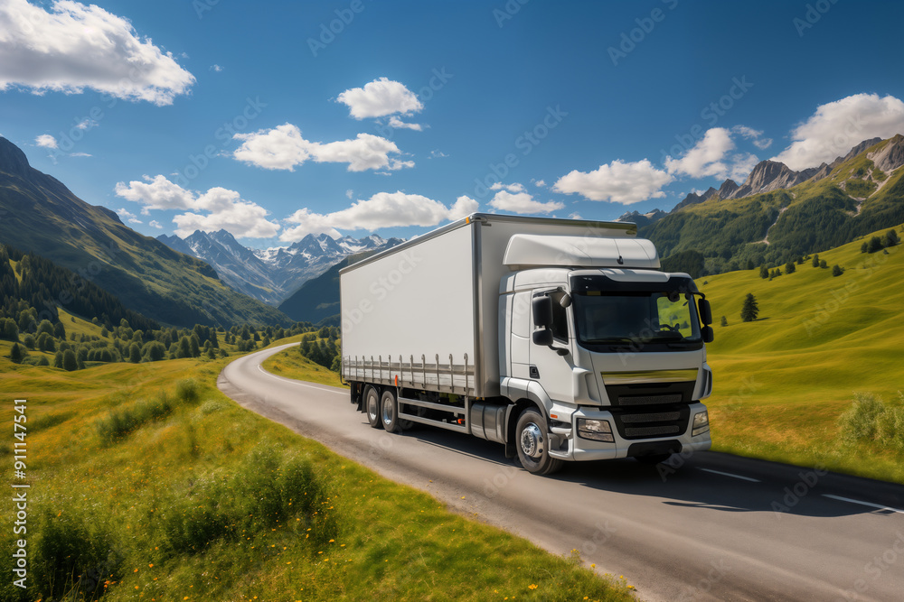 A white truck is driving on the road against the background of a summer landscape A white truck is driving on the road against the background of a summer landscape