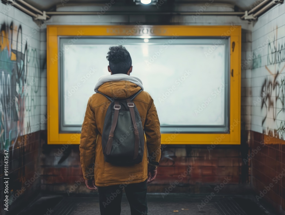 Fototapeta premium Man pasting a blank white poster mockup on a subway platform wall
