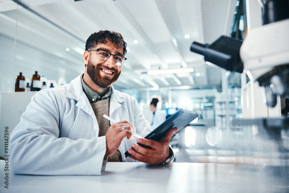 Man, scientist and portrait on tablet in lab for microscope research, medical data and science information. Person, researcher and digital for study feedback, vaccine solution and biotechnology cure Man, scientist and portrait on tablet in lab for microscope research, medical data and science information. Person, researcher and digital for study feedback, vaccine solution and biotechnology cure