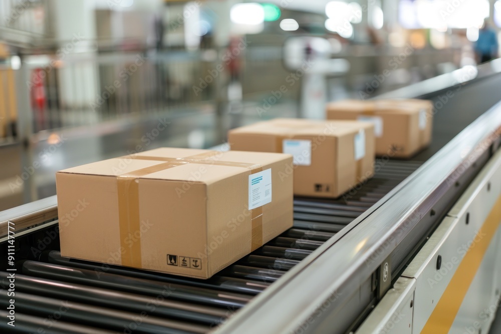Cardboard Boxes on Conveyor Belt in Warehouse. Cardboard Boxes on Conveyor Belt in Warehouse.