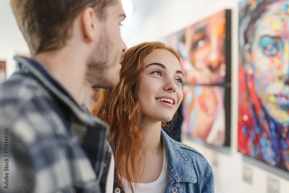 A man and a woman are looking at a painting in a museum
