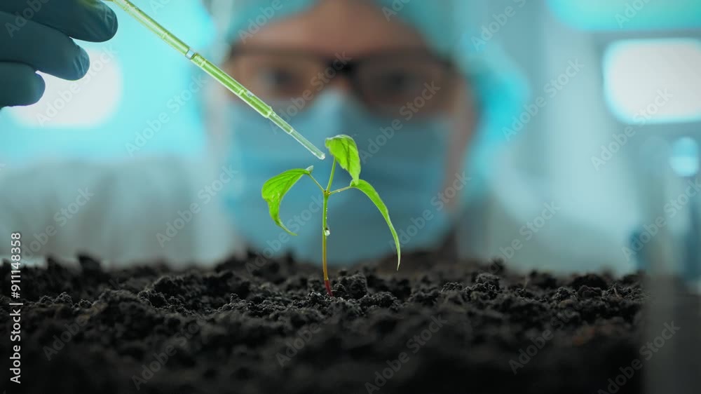 A researcher conducts an experiment growing plants in a laboratory environment by introducing liquid fertilizer to increase growth rate. Concept of food technology development