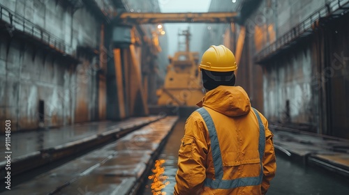 Wallpaper Mural Worker in Industrial Facility. Worker in a yellow jacket and hard hat observes the operations within a large industrial facility, highlighting the scale and complexity of the environment. Torontodigital.ca