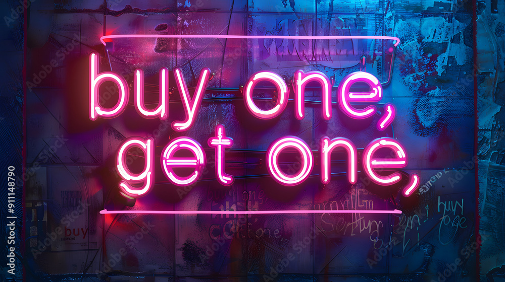 Bright neon sign reading buy one, get one against a dark, textured background. ideal for promotional materials, advertising campaigns, and marketing visuals. Bright neon sign reading buy one, get one against a dark, textured background. ideal for promotional materials, advertising campaigns, and marketing visuals.