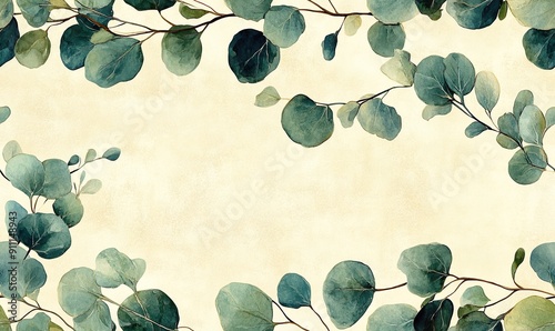 Painting of eucalyptus leaves in sage green color on a light beige background in impressionist style seamless pattern photo