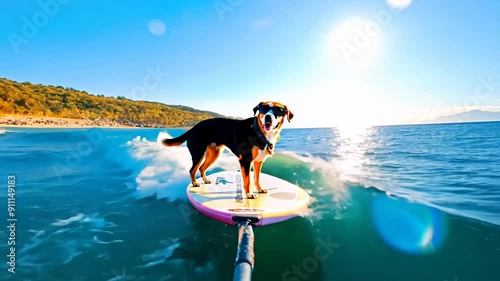Dog surfing on board in sunny blue ocean waves, action camera view