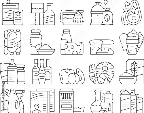 Supermarket Selling Department Icons Set Vector. Bakery And Dessert, Preserves And Canned Food, Meat And Seafood, Domestic Chemical Liquid And Detergent Supermarket Product Contour Illustrations