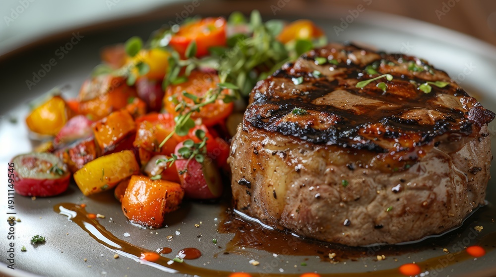 Grilled Steak Served With Colorful Roasted Vegetables On Rustic Plate At Evening Dining Grilled Steak Served With Colorful Roasted Vegetables On Rustic Plate At Evening Dining