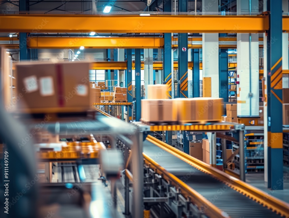 Fototapeta premium Conveyor belt in warehouse, boxes moving.