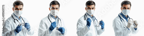 set of A doctor wearing gloves and a mask, a doctor wearing gloves and a mask, a medical doctor wearing gloves and a mask, Healthcare Worker doctor, Doctor Attired, on a transparent backgrounds