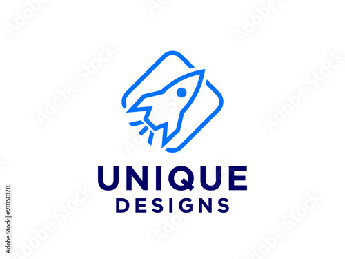 Rocket Logo. Blue Geometric Shapes Simple Rocket Icon isolated on White Background. Usable for Business and Technology Logos.