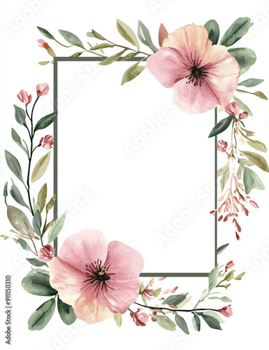 rectangular watercolor floral frame, thin sides, with white background 