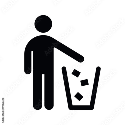 Man Throws Trash Vector Solid Icon Design on White Background. Rubbish Bin, Garbage, Recycling, Keep Clean Sign. Label for Packaging.	
