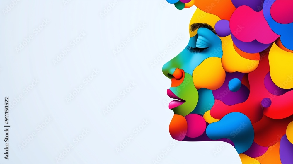 Obraz premium A colorful face with a white background. The face is made up of different colors and shapes, giving it a unique and artistic appearance. Concept of creativity and individuality