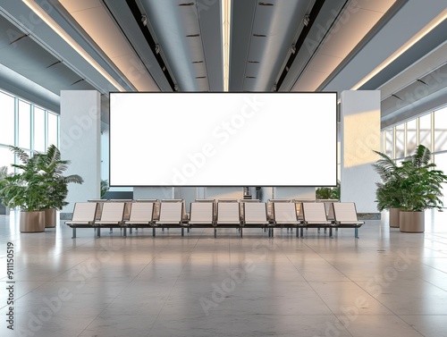 Departure lounge in airport with blank white billboard mockup